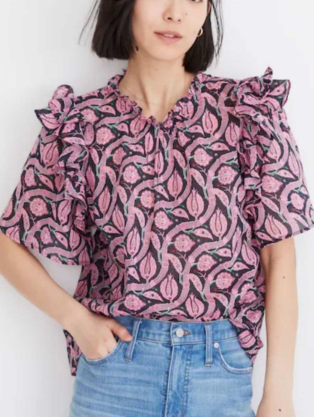 Banjanan Evie Ruffle Sleeve Top Sultans Vine Black Floral Blouse Boho M Cotton